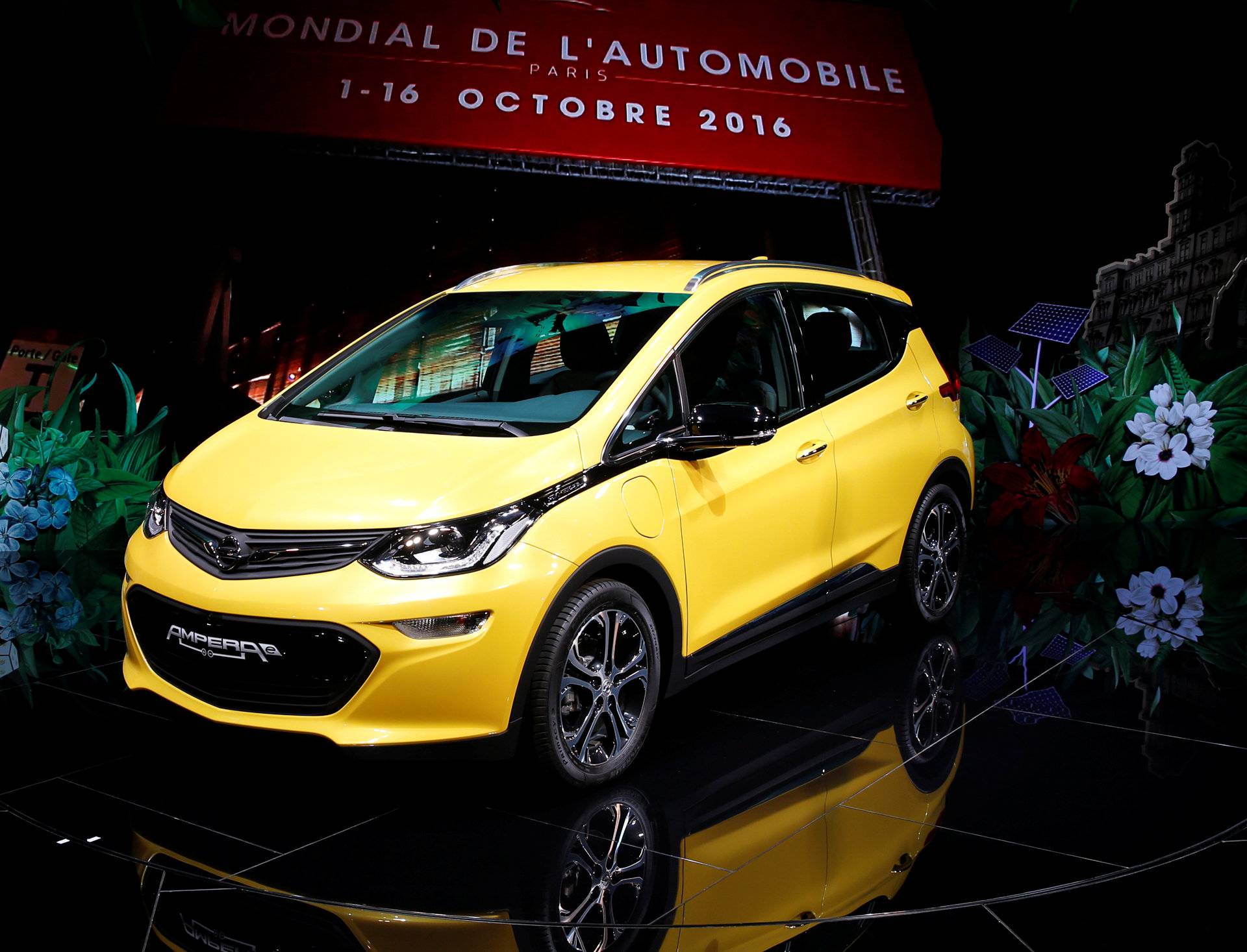 An Opel Ampera-e car is displayed on media day at the Paris auto show, in Paris