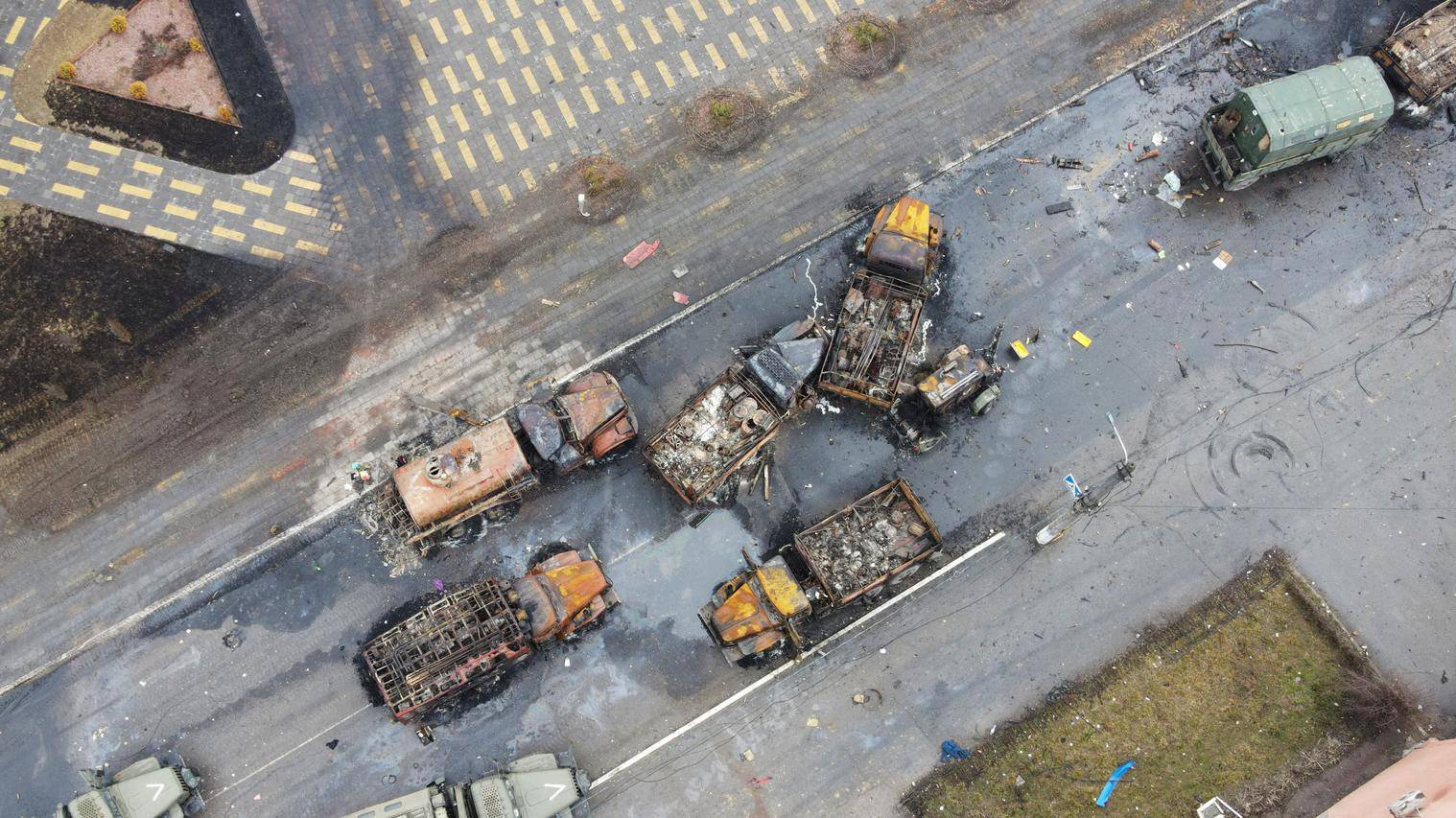 Destroyed Russian military vehicles are seen on a street in Borodyanka