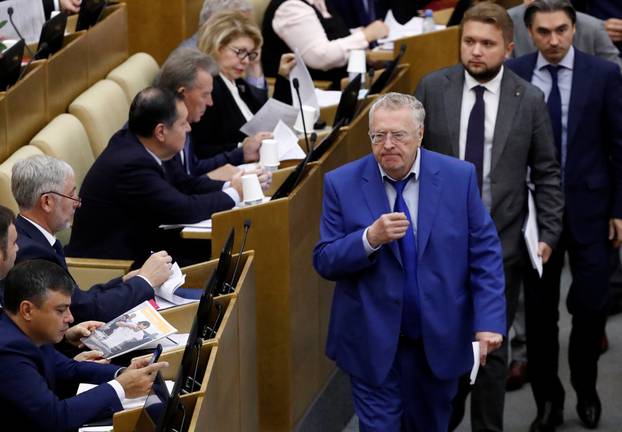 Russian Liberal Democratic Party leader Zhirinovsky attends a session during a vote on the pension reform bill at the State Duma in Moscow