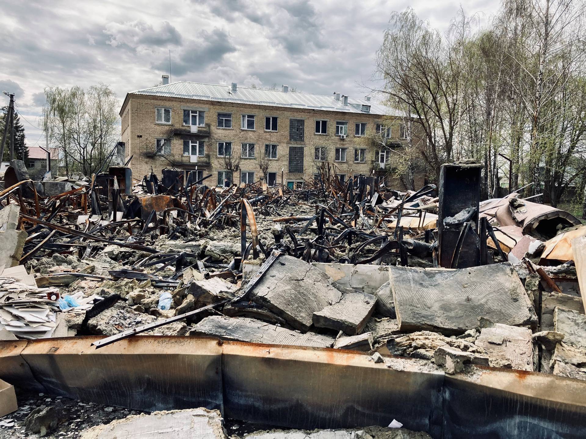 A view shows a primary health care center destroyed by shelling, in Makariv