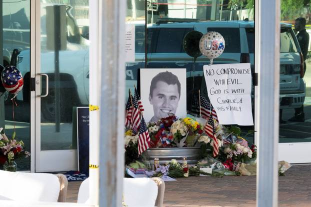 A memorial for Charlie Kirk, who was shot and killed in Utah, at the Turning Point USA headquarters in Phoenix