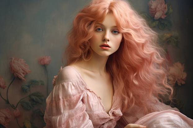 Serene woman with pastel pink wavy hair and blue eyes. Portrait of a lady with rosy hair and serene gaze. Concept of feminine beauty, pastel portraiture, and delicate aesthetic. Oil painting style