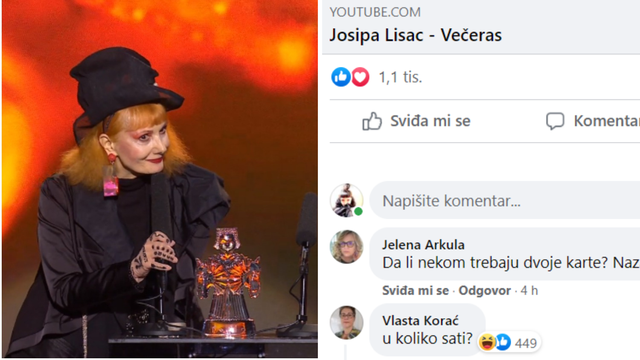 Komentar ispod objave Josipe Lisac postao hit na Facebooku: 'Uljepšali ste mi večer, hvala!'