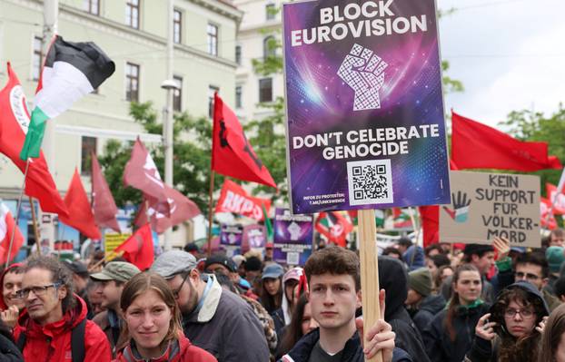 People attend a protest against Israel's participation in the Eurovision Song Contest, in Vienna