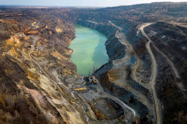 A drone view shows the open pit mine of Zavallievsky Graphite in Zavallia