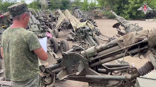 A view shows howitzers, which were handed over by the Wagner mercenary group to Russia's regular armed forces, according to Russian Defence Ministry