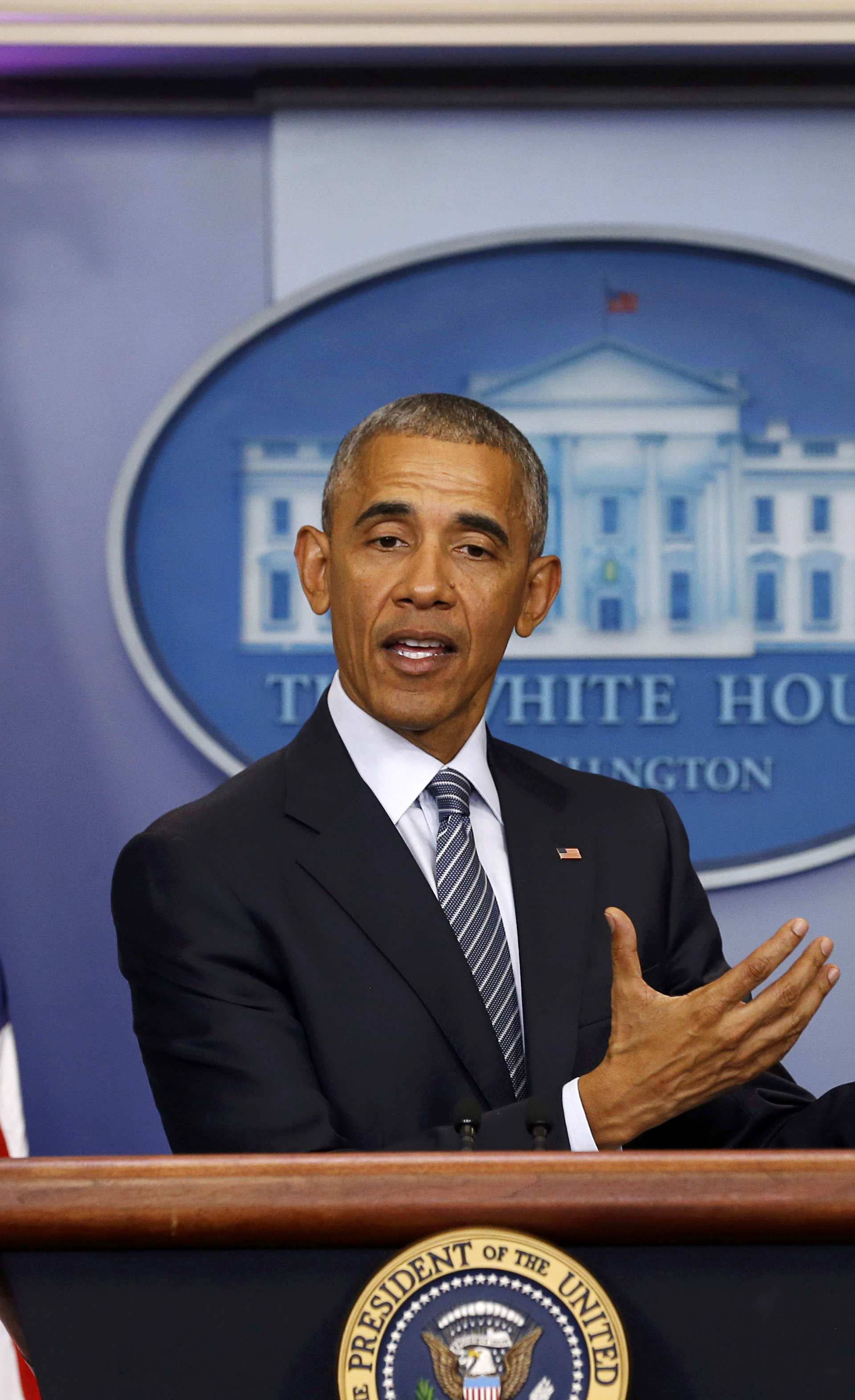 US President Barack Obama participates in news conference at the White House in Washington