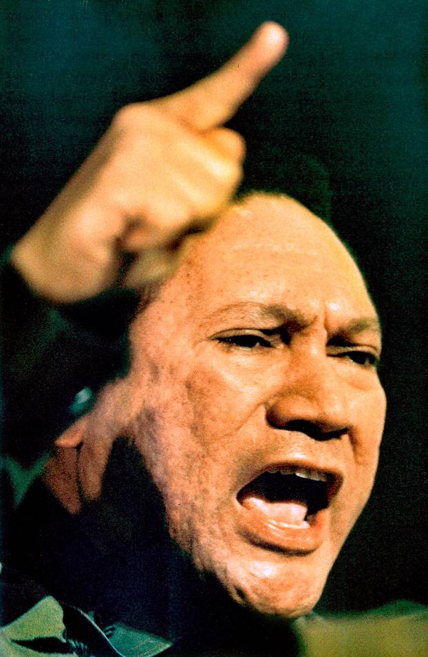 FILE PHOTO: Manuel Noriega gestures while giving a speech in Panama City