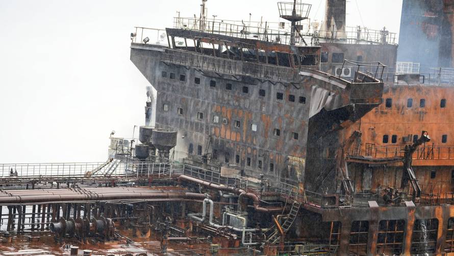 A foreign tanker carrying Iraqi fuel oil damaged after catching fire in Iraq's territorial waters, near Basra