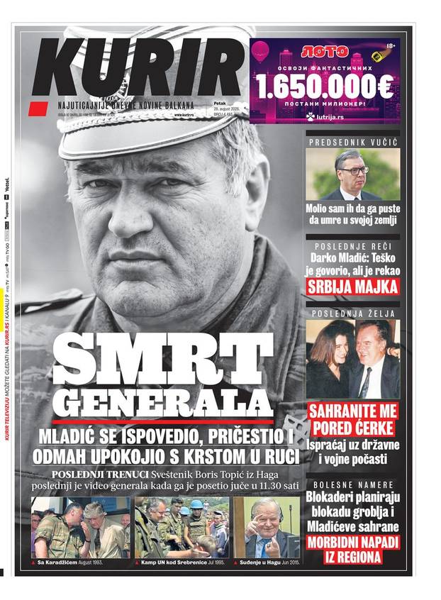Naslovnice srpskih medija: 'Ubijen Mladić!', 'Umro s krstom u ruci', 'Bog uzeo generala'