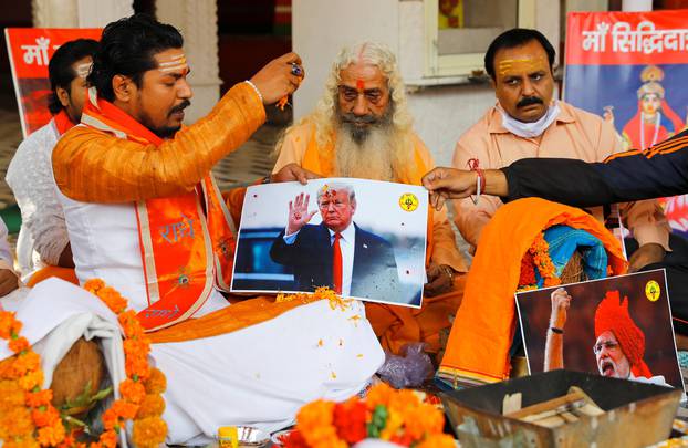 Activists of Hindu Sena, perform a special prayer to ensure a victory of U.S. President Donald Trump in the elections, in New Delhi