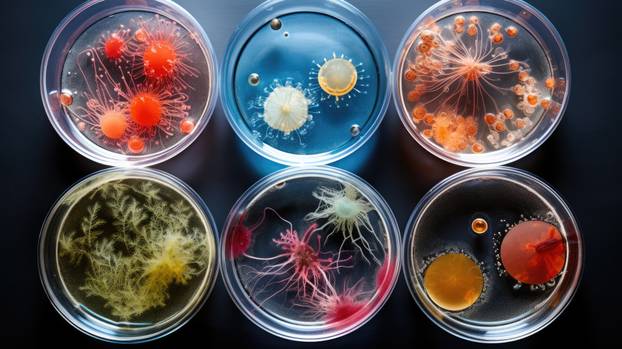 Background with mixed bacteria colonies, fungi or microbes in va