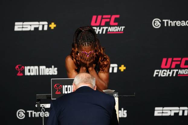 Las Vegas, Nv, United States. 08th Aug, 2025. LAS VEGAS, NV - AUG 8: Angela Hill steps on the scale for the official weigh-ins at UFC Apex for UFC Fight Night - Dolidze and Hernandez on August 8, 2025 in Las Vegas, NV, United States. (Photo by Louis Grass