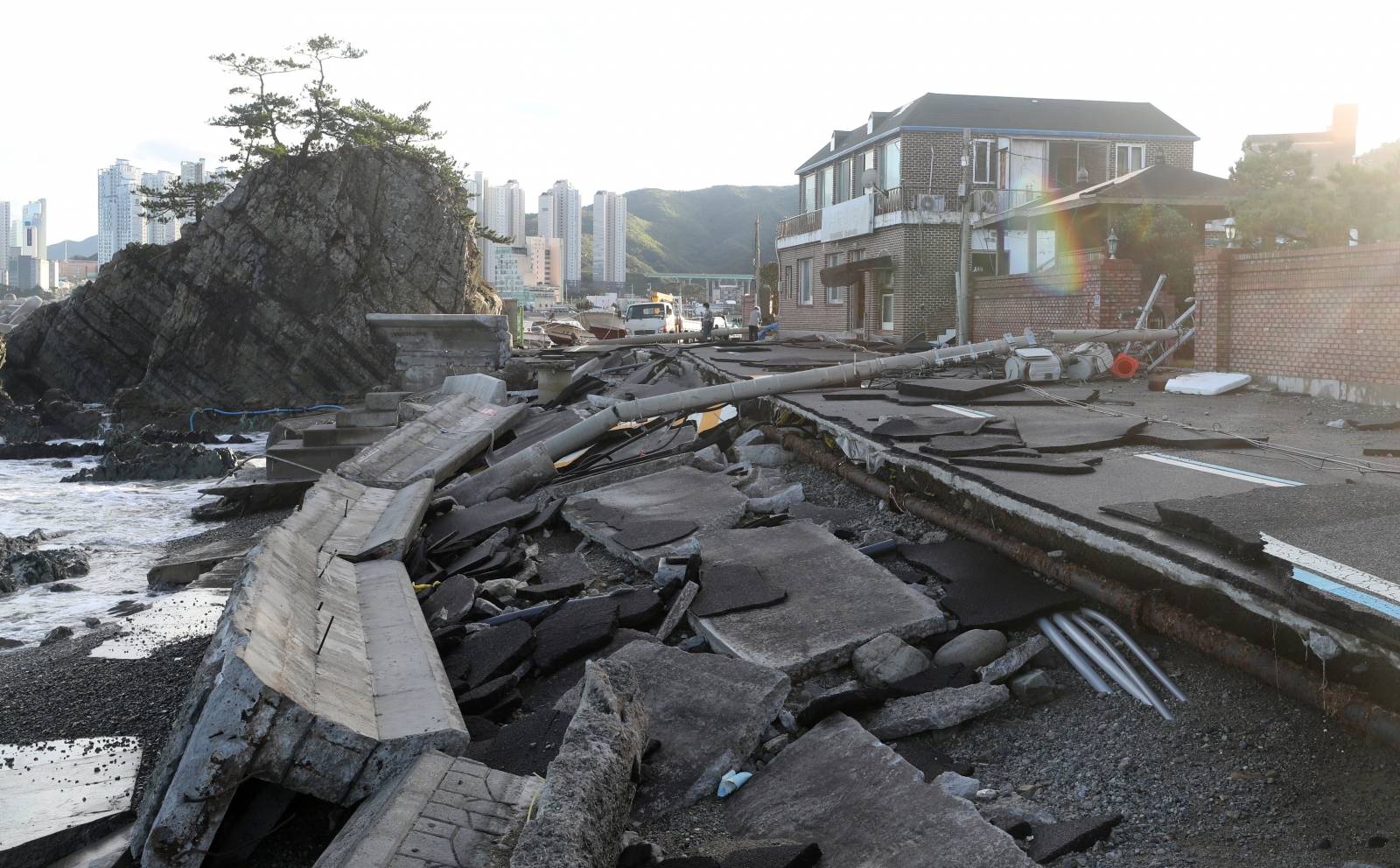 A road damaged by typhoon Haishen is pictured in Ulsan