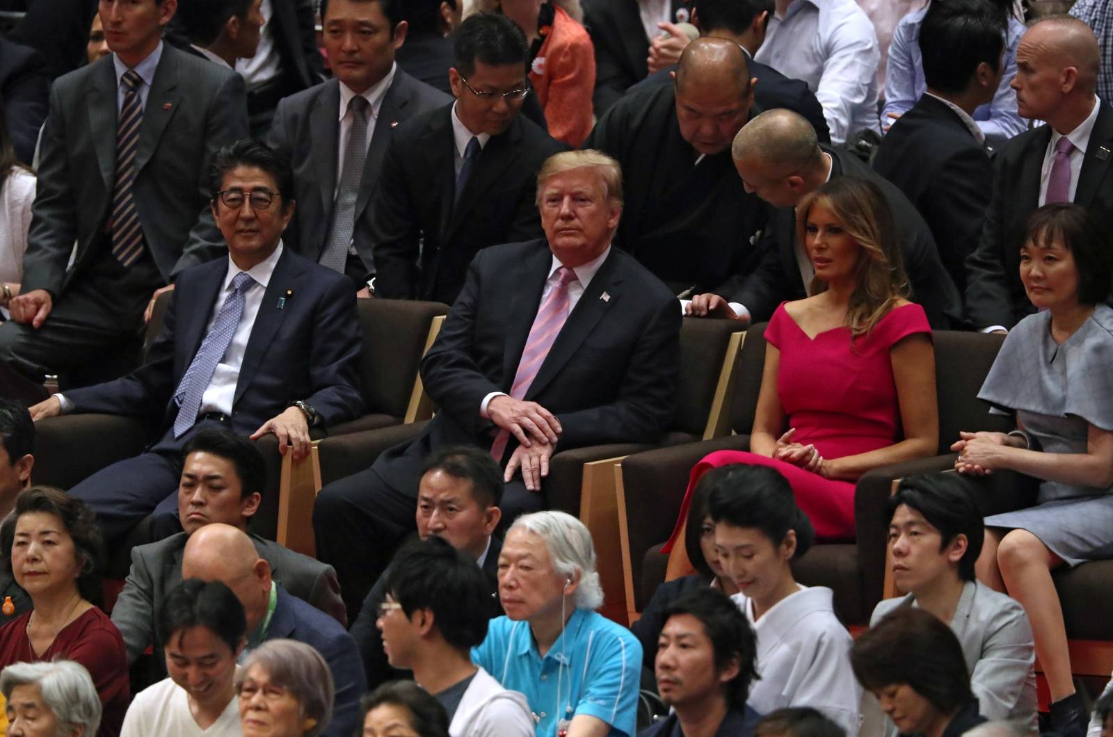 U.S. President Donald Trump, first lady Melania Trump, Japanese Prime Minister Shinzo Abe and wife Akie Abe watch the Summer Grand Sumo Tournament at Ryogoku Kokigikan Sumo Hall in Tokyo