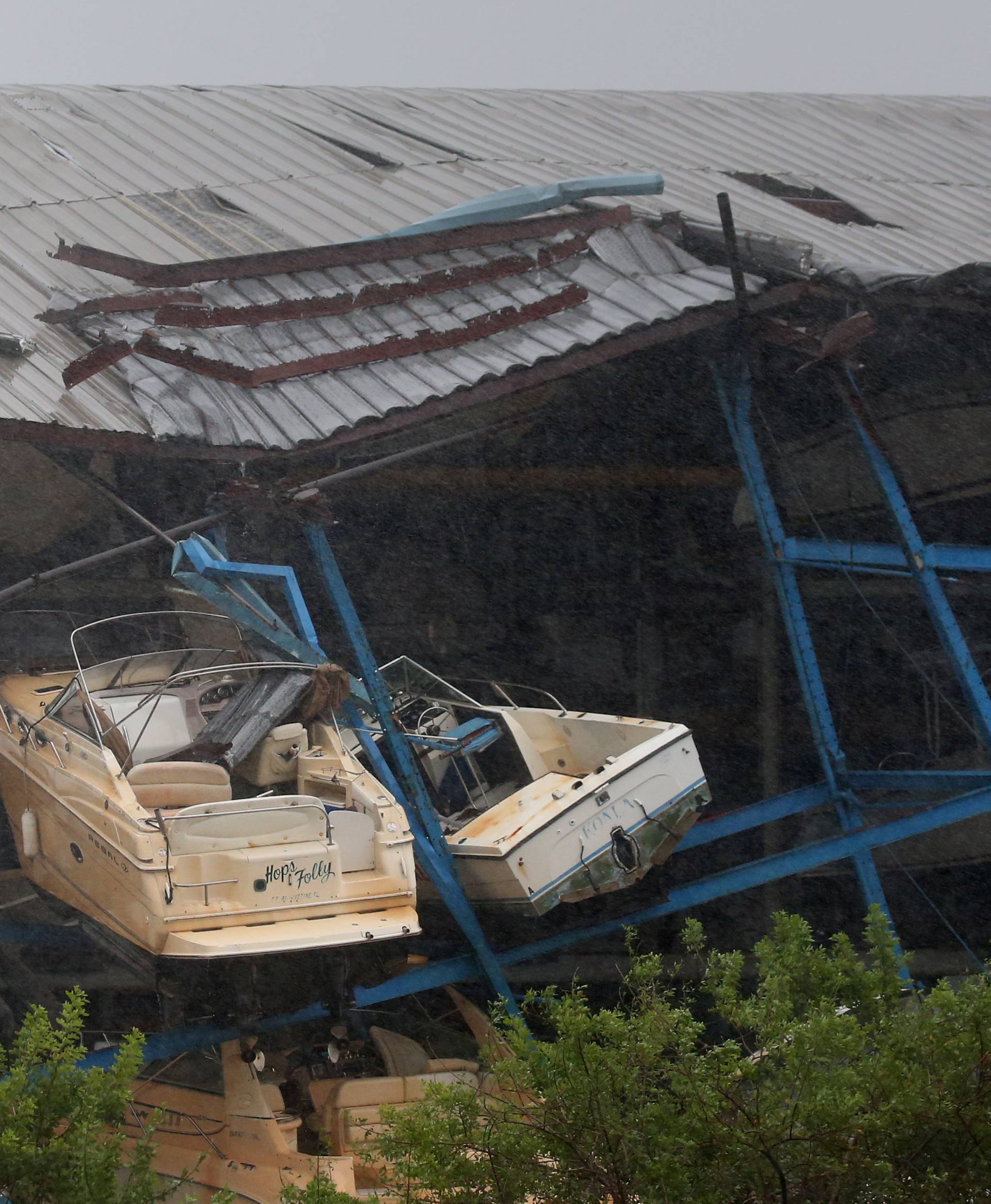 A boat rack storage facility lays destroyed after Hurricane Irma blew though Hollywood, Florida