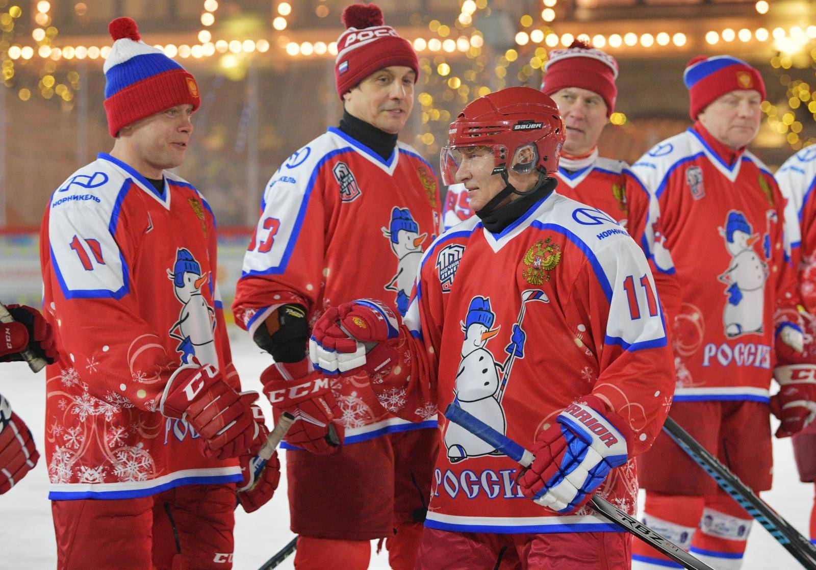 Russian President Putin plays ice hockey in Moscow