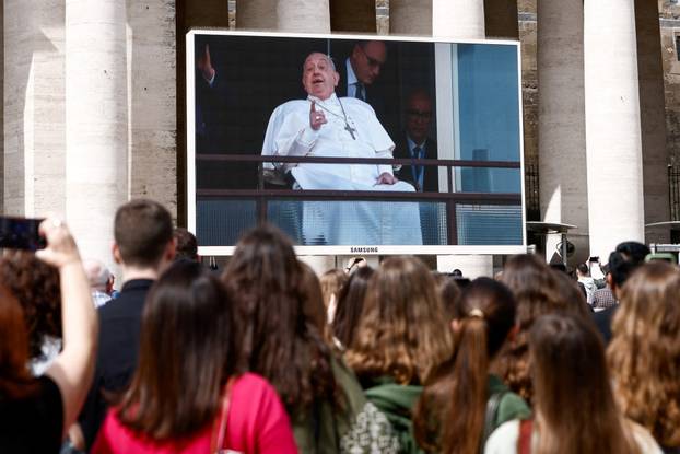 Pope Francis makes first public appearance in five weeks, on a big screen in St. Peter's Square, at the Vatican