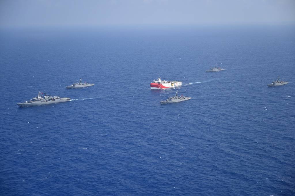 Turkish seismic research vessel Oruc Reis is escorted by Turkish Navy ships as it sets sail in the Mediterranean Sea