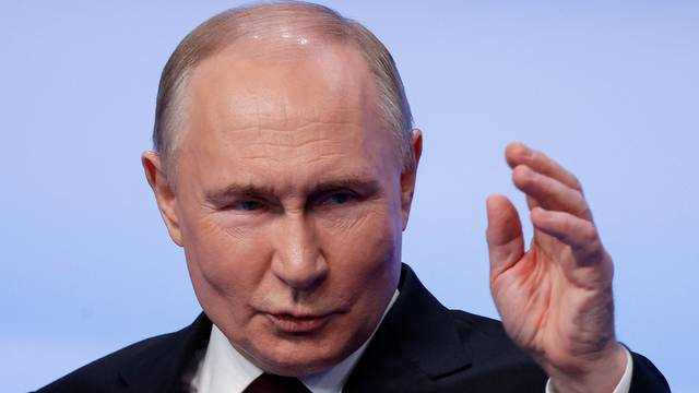 Russian incumbent President Putin speaks after polling stations closed, in Moscow
