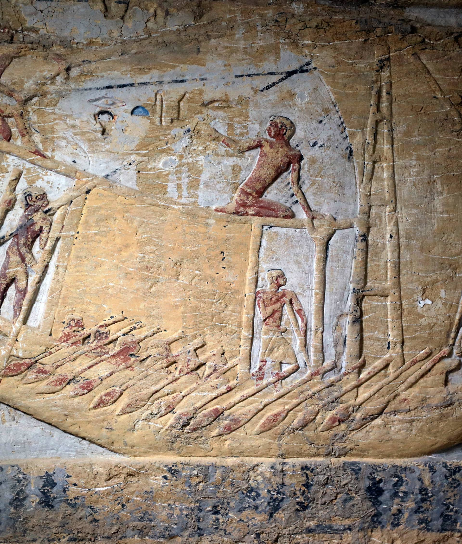 A view of a wall of the newly-discovered tomb of 'Wahtye', which dates from the rule of King Neferirkare Kakai, at the Saqqara area near its necropolis, in Giza