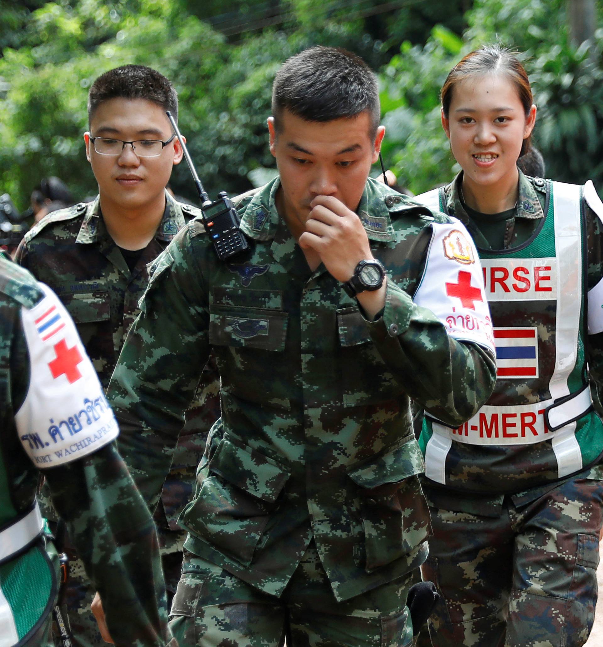 Soldiers seen near the Tham Luang cave complex, as members of an under-16 soccer team and their coach have been found alive according to local media in the northern province of Chiang Rai