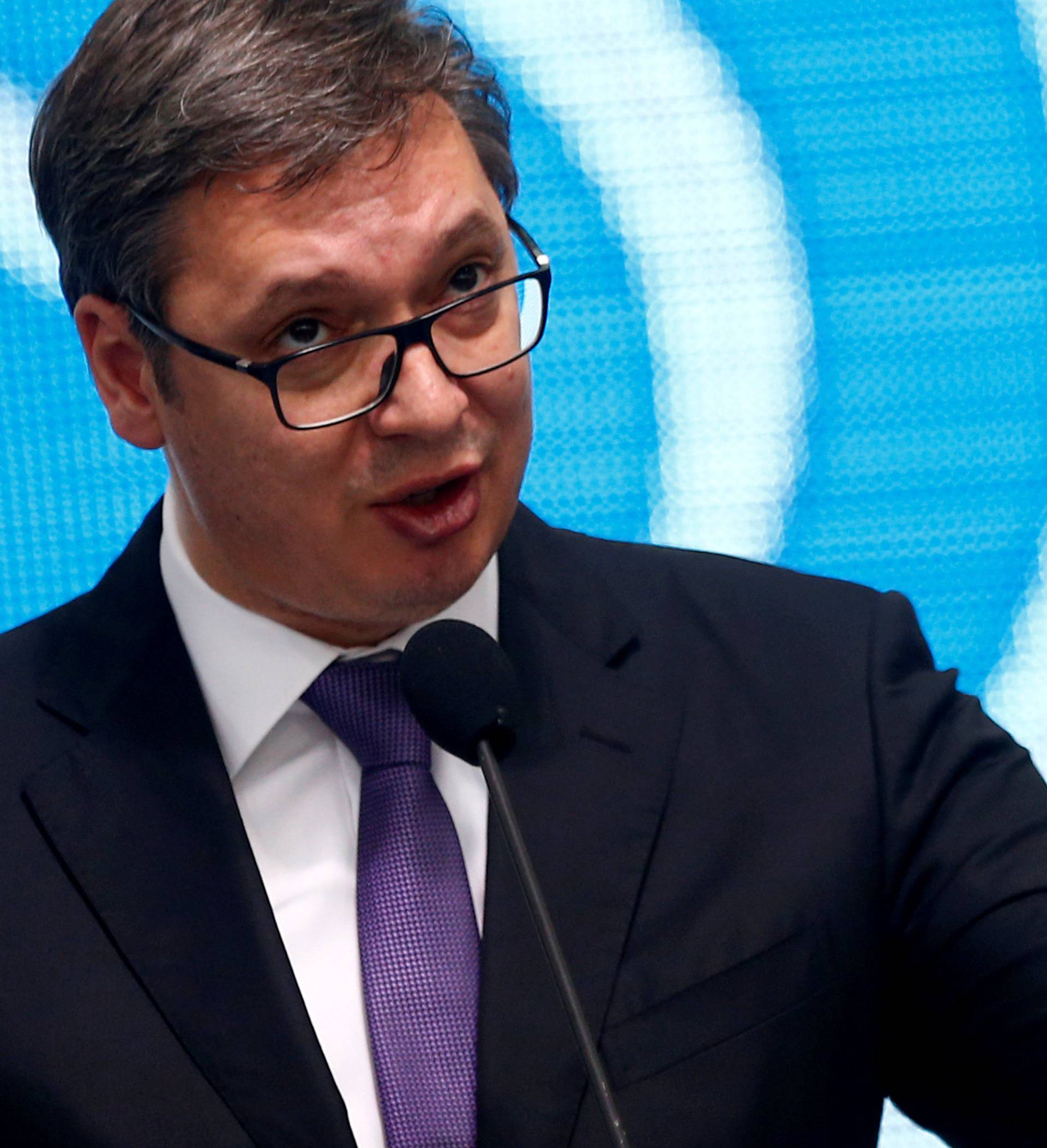 Serbian President Aleksandar Vucic speaks during the opening ceremony of the 21st International Economic Fair in Mostar