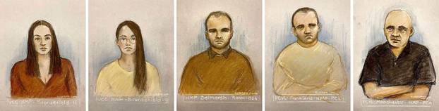 Comp of court artist sketches by Elizabeth Cook of Bulgarian nationals (left to right) Katrin Ivanova, Vanya Gaberova, Orlin Roussev, Ivan Stoyanov and Bizer Dzhambazov appearing via video link at Westminster Magistrates' Court, London, charged with spyin