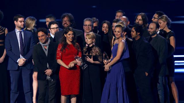 The cast of "The Big Bang Theory" accepts the award for Favorite Network TV Comedy at the People's Choice Awards 2017 in Los Angeles