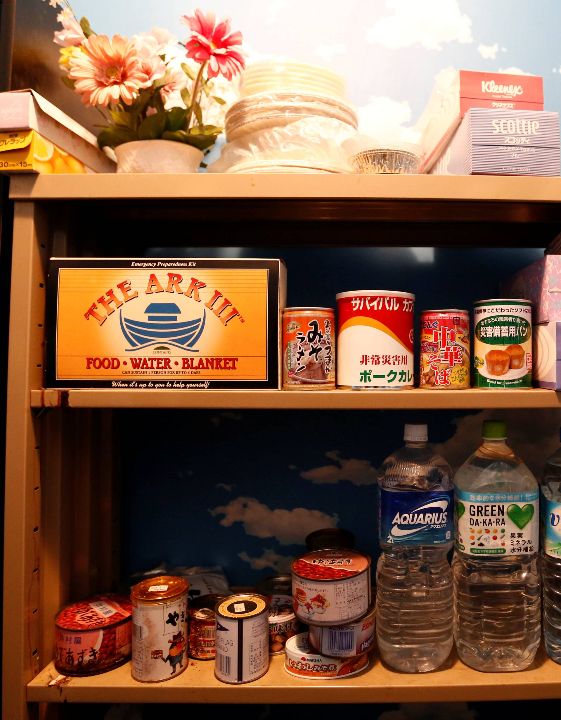 Emergency foods are seen in the model room of Shelter Co.'s nuclear shelter in the basement of its CEO Seiichiro Nishimoto's house in Osaka