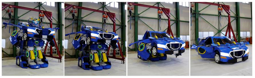 Combination picture shows a new transforming robot called "J-deite RIDE" that transforms itself into a passenger vehicle, developed by Brave Robotics Inc, Asratec Corp and Sansei Technologies Inc, at a factory near Tokyo