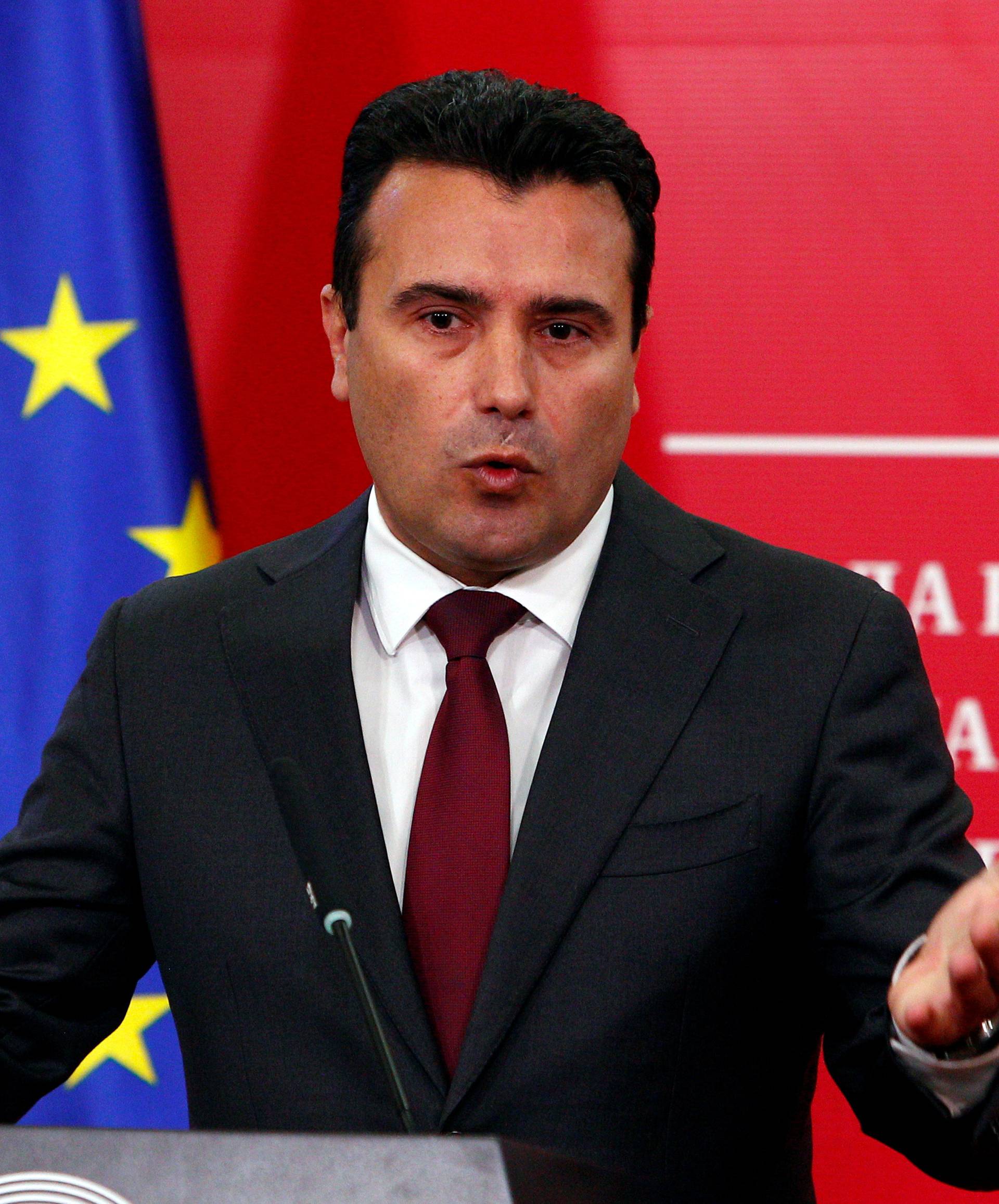 FILE PHOTO: Macedonian PM  Zaev addresses the press during a news conference in Skopje