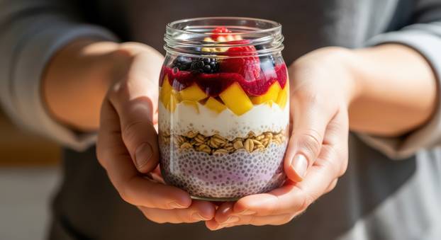 Delicious yogurt parfait with berries and chia seeds in hands