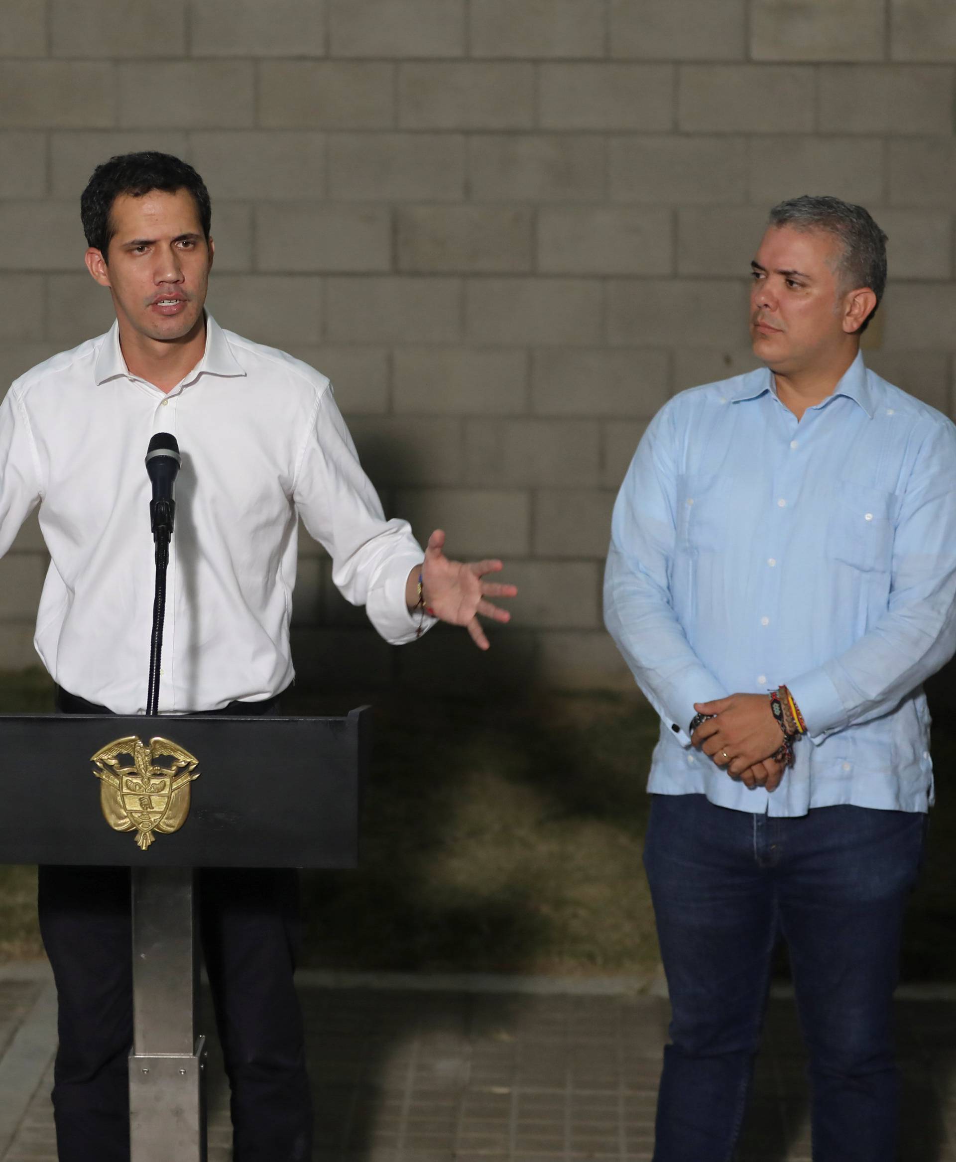 Venezuelan opposition leader Juan Guaido, talks to the media during a news conference, in Cucuta