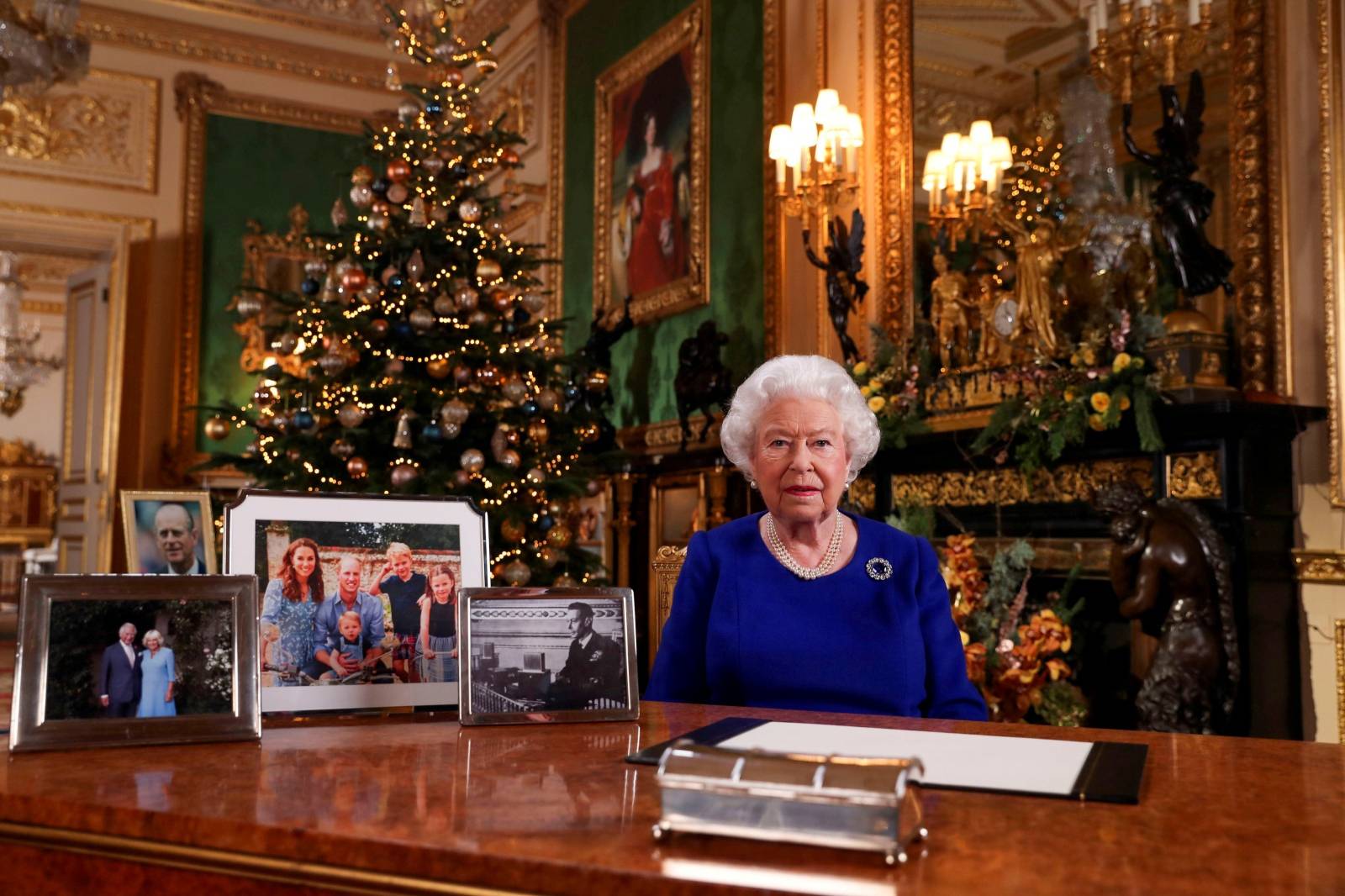 Britain's Queen Elizabeth poses, after recording her annual Christmas Day message in Windsor Castle, in Berkshire