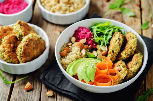 Quinoa Beet Hummus Falafel Bowl 