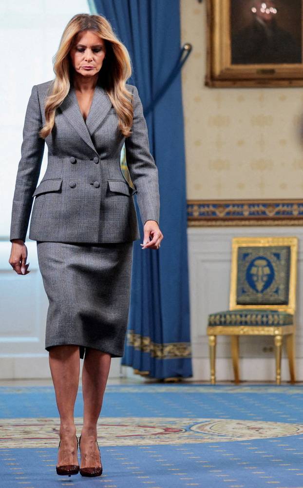 U.S. first lady Melania Trump delivers remarks regarding Jeffrey Epstein, from the White House in Washington