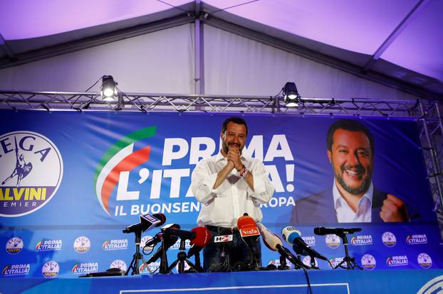 Italian Deputy Prime Minister and leader of far-right League party Matteo Salvini gestures during his European Parliament election night event in Milan
