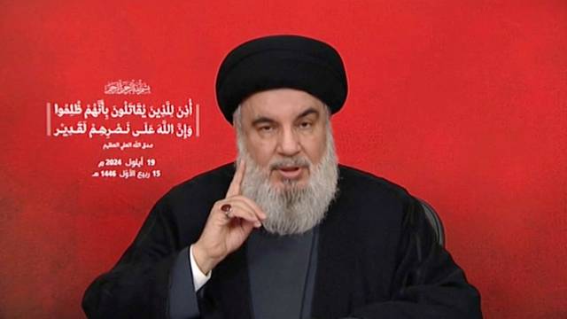 Hezbollah leader Sayyed Hassan Nasrallah gives a televised address