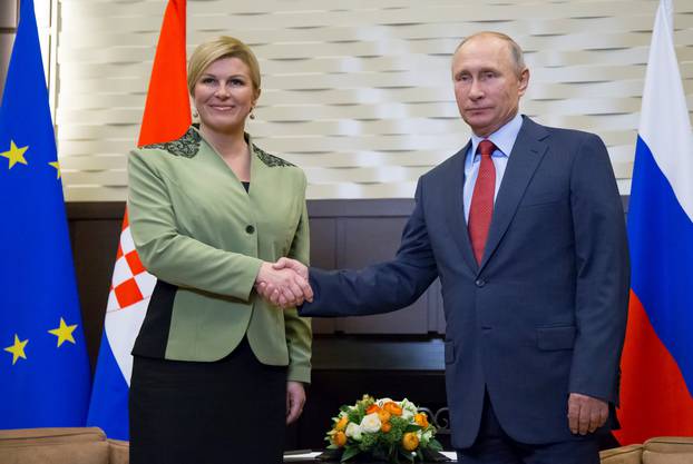 Putin shakes hands with Croatian President Kolinda Grabar-Kitarovic during their meeting in Sochi