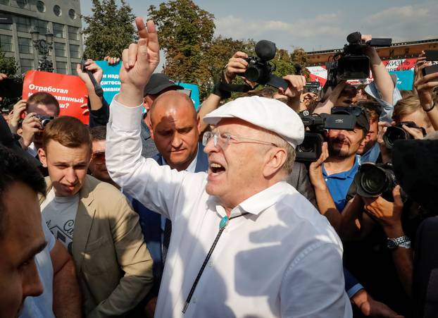 Vladimir Zhirinovsky, leader of the Liberal Democratic Party of Russia (LDPR), gestures during a rally against planned increases to the nationwide pension age in Moscow