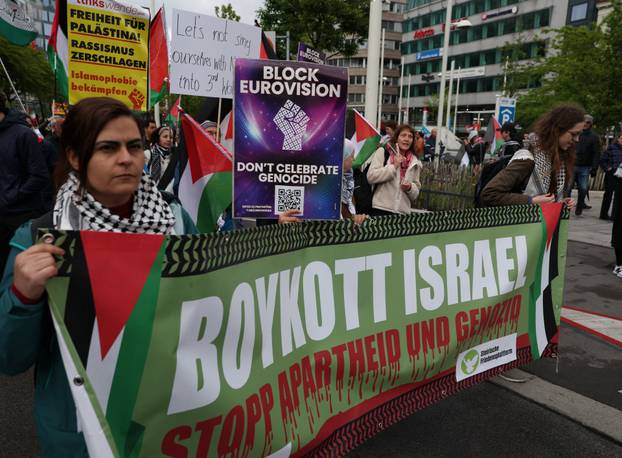 People attend a protest against Israel's participation in the Eurovision Song Contest, in Vienna