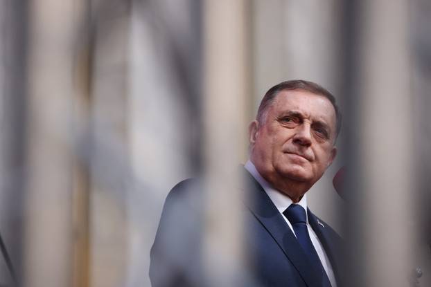 President of Republika Srpska (Serb Republic) Milorad Dodik addresses supporters during a protest in Banja Luka