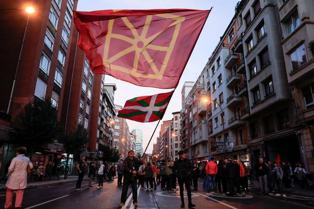 People march behind the slogan "Nazioa gara", 'We are a nation', during a demonstration called by the Basque pro-independence coalition EH Bildu, in Bilbao