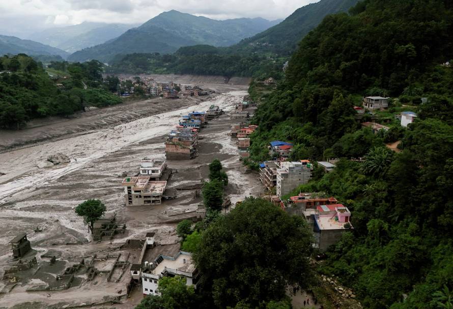 A drove view of damaged properties following a flash flood at Trishuli, Nepal