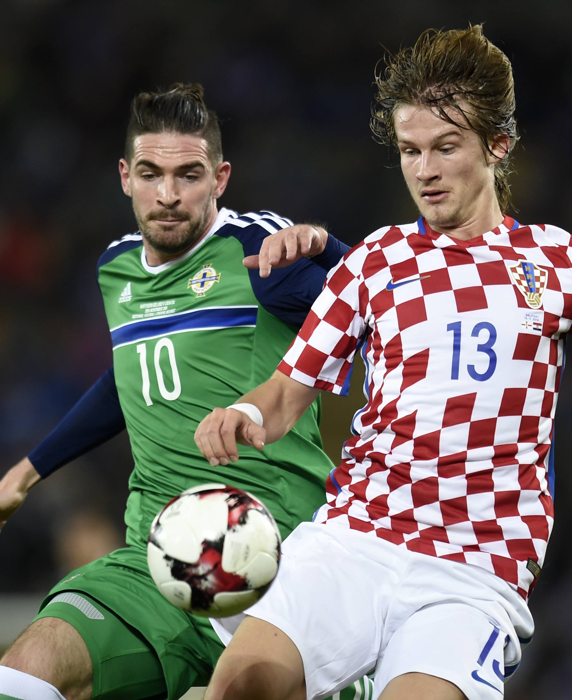 Northern Ireland's Kyle Lafferty in action with Croatia's Tin Jedvaj