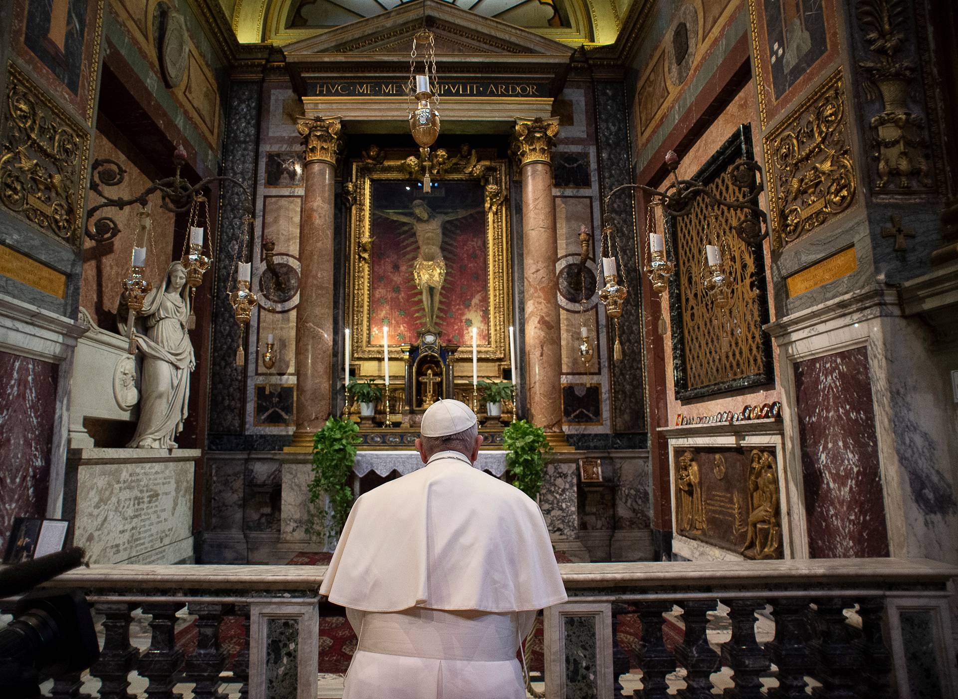 Pope Francis prays at San Marcello al Corso church for the end of the coronavirus pandemic, in Rome