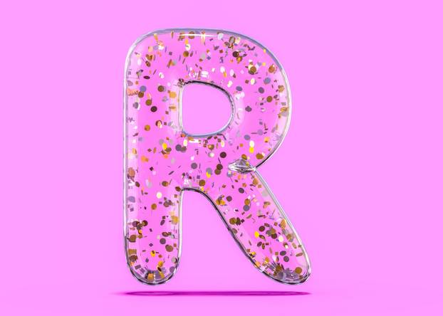 Letter R. Alphabet from transparent foil balloons. 3D