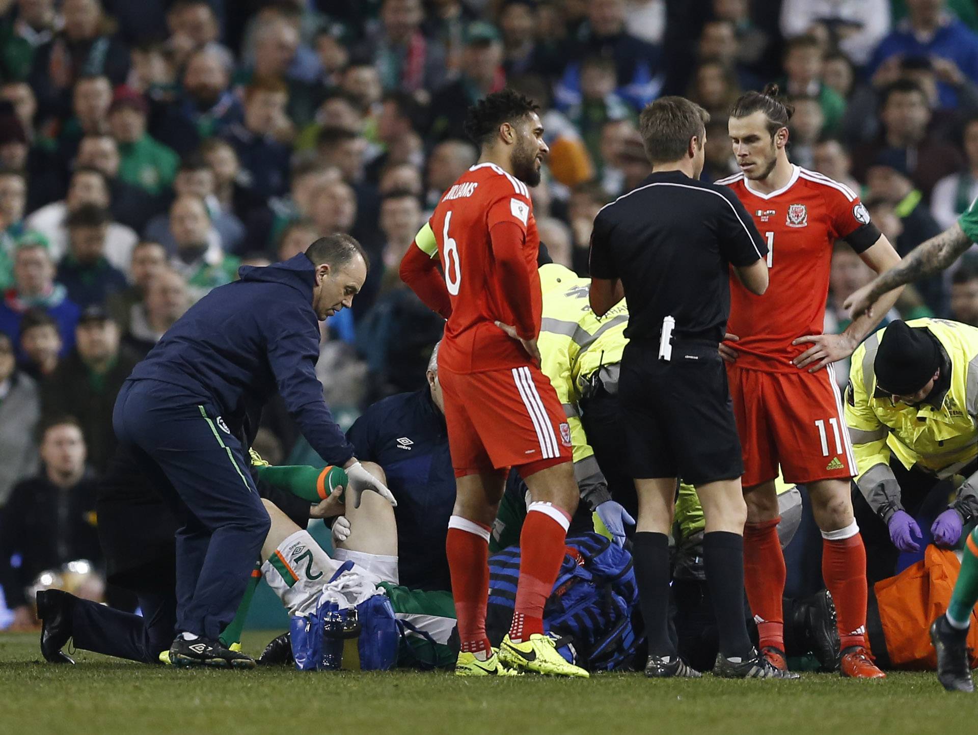 Wales' Gareth Bale and Ashley Williams with referee Nicola Rizzoli as Republic of Ireland's Seamus Coleman receives medical attention
