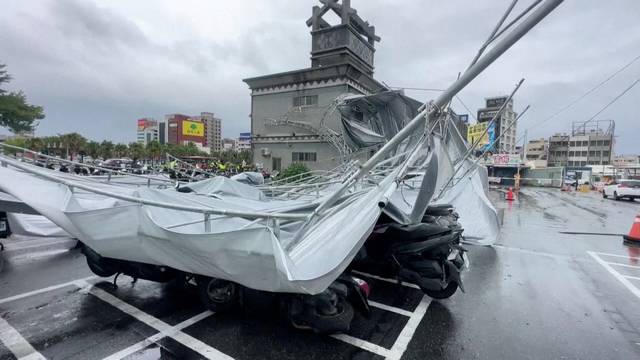 Collapsed canopy at a parking lot as Typhoon Haikui approaches, in Hualien